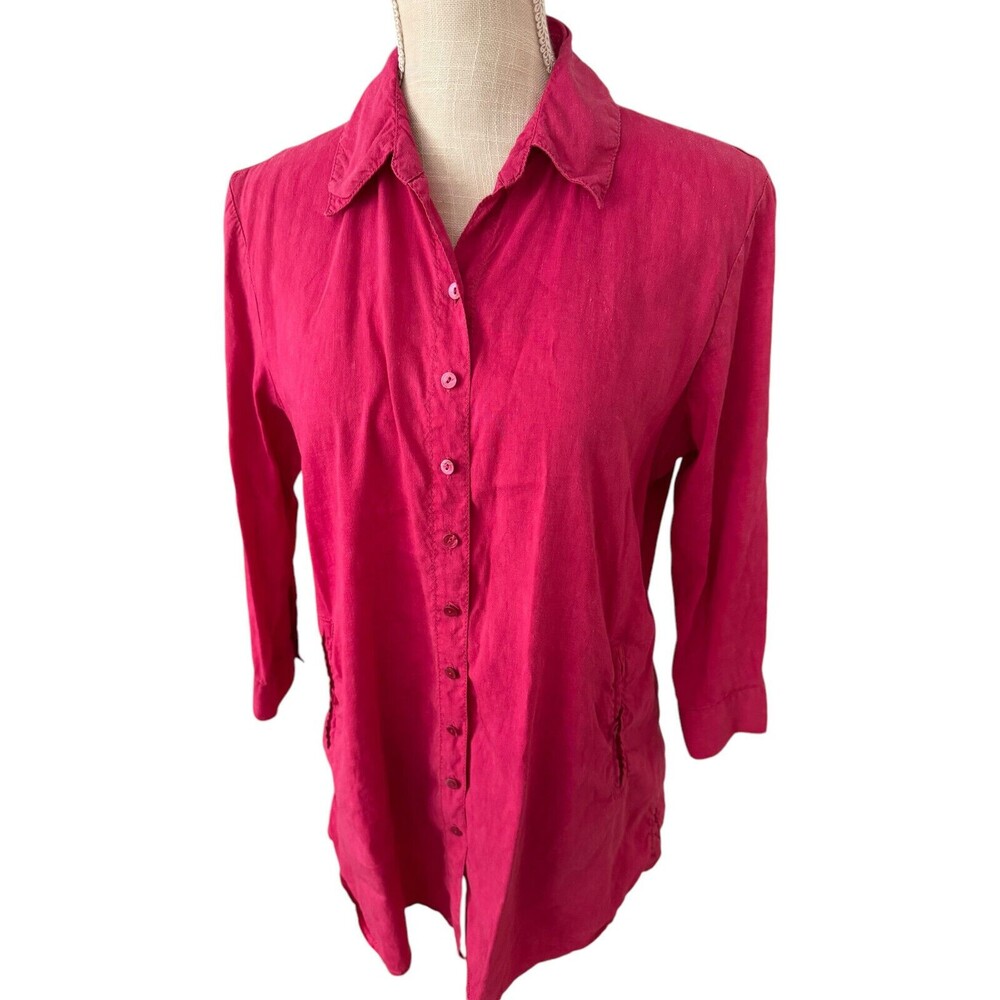Eileen Fisher Pink Button Down Tunic Blouse Pockets Size Small Linen Blend